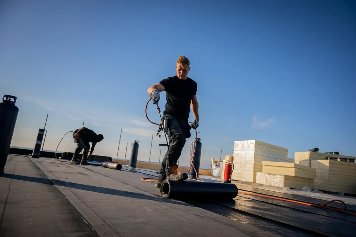 Dakdekker van Feigro aan het werk op een plat dak in Noord-Holland
